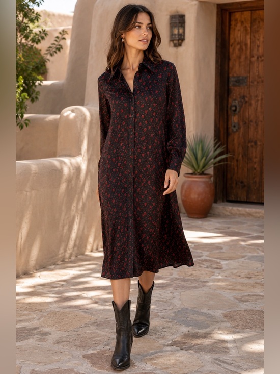 Madewell Dresses & Skirts - Madewell NWT Black Red Floral Satin Midi Shirtdress Western Size 8 Cottagecore